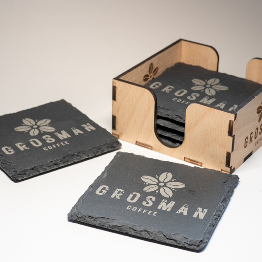 GraviCraft Schieferuntersetzer mit Gravur & Holzbox – 6er Set personalisiert | Geschenkidee für Hochzeit, Büro & Zuhause