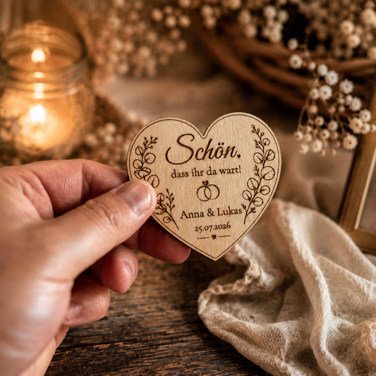 Personalisiertes Gastgeschenk Hochzeit, Kommunion & Taufe – Holz Herz Magnet mit Premium Tee