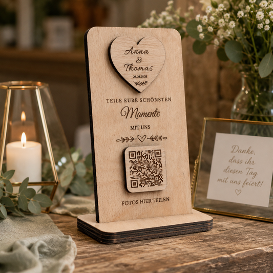 Premium QR Hochzeitsschild aus Holz – Personalisierter QR Code für Hochzeitsfotos & Videos
