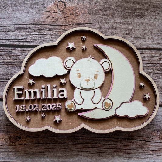 Personalisiertes 3D Namensschild Kinderzimmer aus Holz | 3-lagiges Wandbild mit Name & Geburtsdatum | Edles Geburtsgeschenk & Taufgeschenk | Boho Baby Deko Handgefertigt