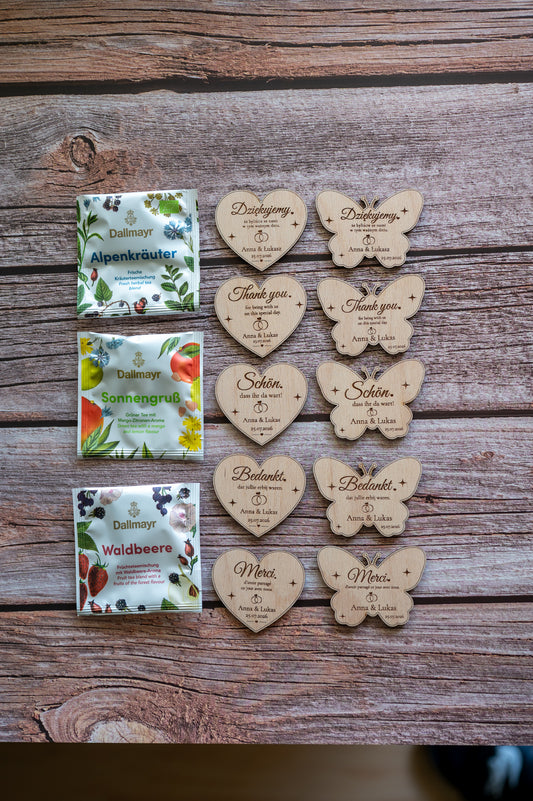 Premium Gastgeschenk: Herz-Magnet aus Buchenholz (4mm) mit exklusivem Dallmayr Bio-Tee