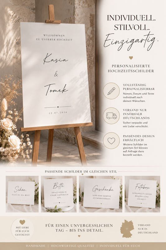 Minimalistisches Willkommensschild Hochzeit – Personalisierte Hochzeitsdeko aus HDF