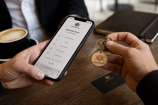 Premium NFC Schlüsselanhänger aus Holz mit Logo – Digitale Visitenkarte für Unternehmen
