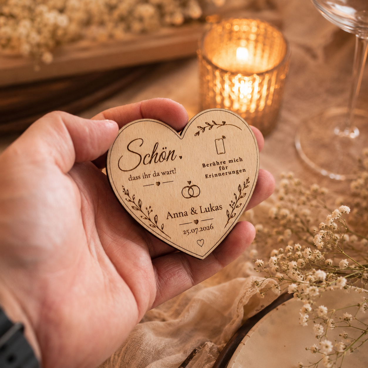 Personalisierter Hochzeitsmagnet mit NFC aus Holz – Premium Gastgeschenk mit digitaler Hochzeitsgalerie | Optional mit Dallmayr Tee & Organza-Beutel