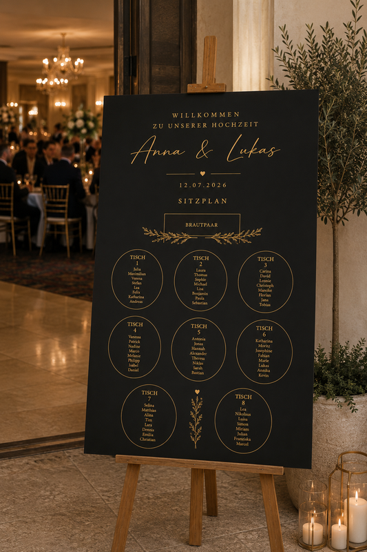 Personalisierter Sitzplan Hochzeit auf Staffelei – Moderne Wedding Seating Chart Schwarz Weiß Gold | Premium Hochzeitsdeko
