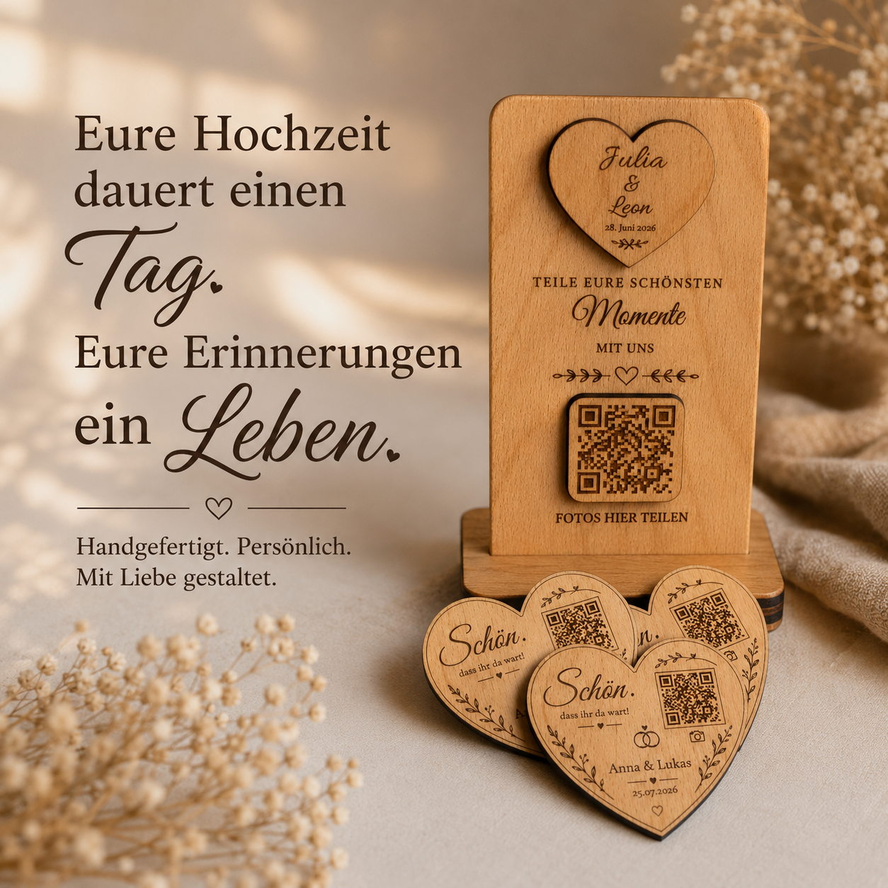 Premium QR Hochzeitsschild aus Holz – Personalisierter QR Code für Hochzeitsfotos & Videos