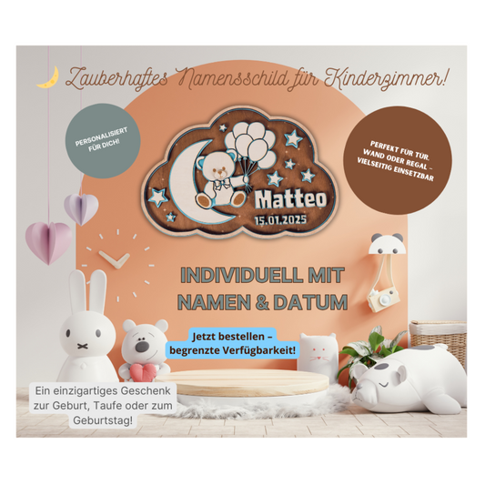 🌙 3D Namensschild aus Holz mit Gravur | Personalisiertes Kinderzimmer-Schild mit Namen & Geburtsdatum | Geschenk zur Geburt & Taufe | GraviCraft