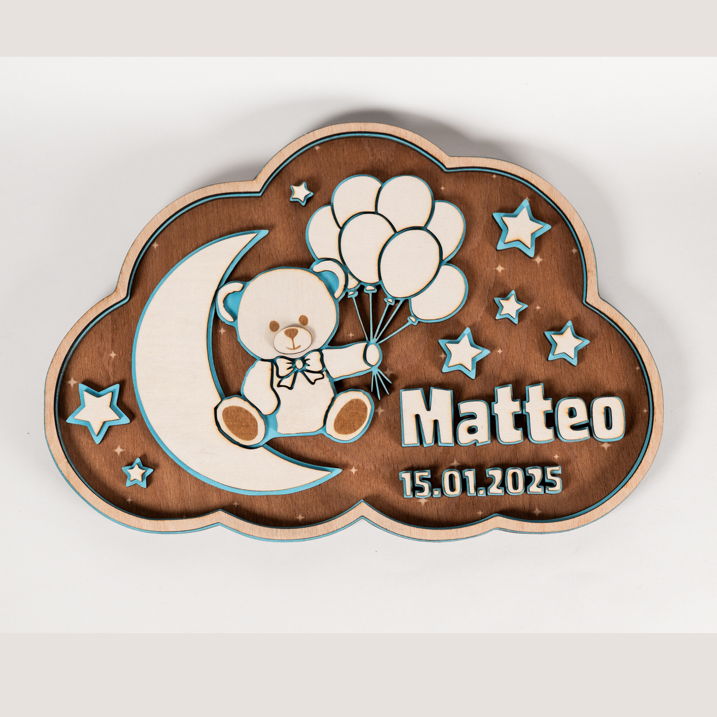 🌙 3D Namensschild aus Holz mit Gravur | Personalisiertes Kinderzimmer-Schild mit Namen & Geburtsdatum | Geschenk zur Geburt & Taufe | GraviCraft