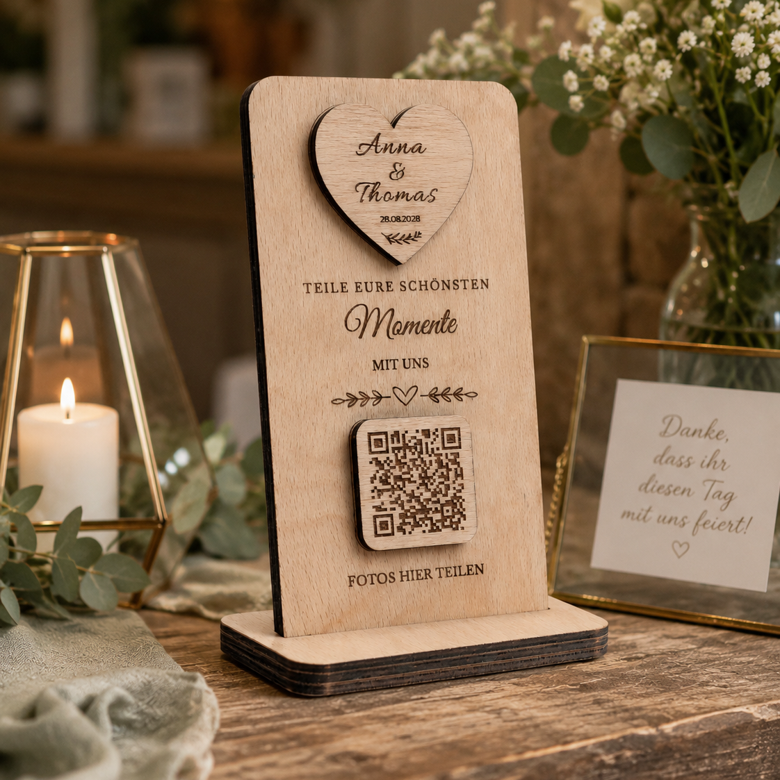 QR Hochzeitsschilder aus Holz – Foto Upload & Gäste Galerie