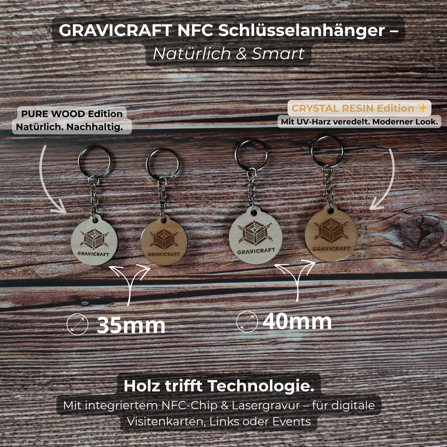 Personalisierter Holz Schlüsselanhänger mit Gravur & NFC-Chip – Digitale Visitenkarte mit QR-Code | Handmade Geschenk