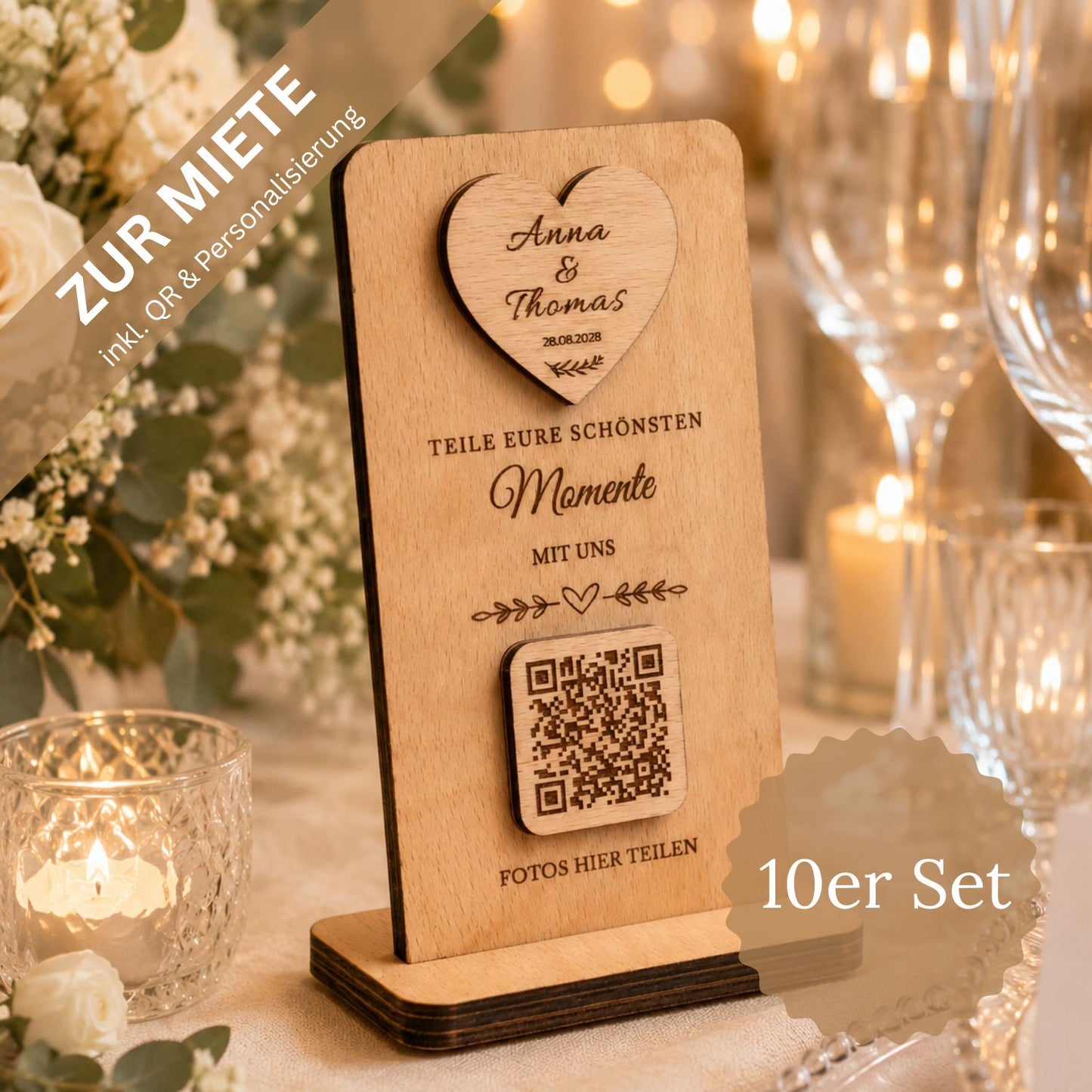 Premium QR Hochzeitsschild zur Miete – 10er Set | Personalisierte Holzschilder für Hochzeiten & Foto Upload