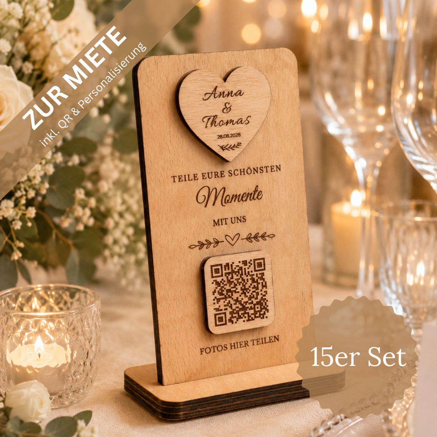 Premium QR Hochzeitsschild zur Miete – 15er Set | Personalisierte Holzschilder für Hochzeiten & Foto Upload