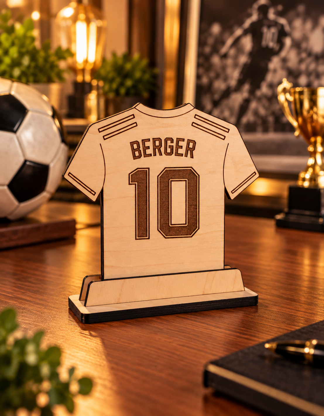 Personalisierte Trikot-Erinnerung aus Holz mit Name Berger und Rückennummer 10