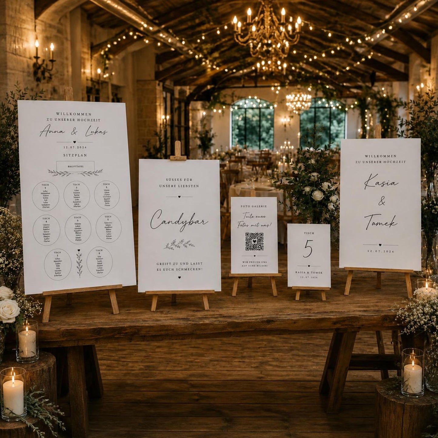 Premium Hochzeitsdeko Bundle Personalisiert | Willkommen Schild, Sitzplan, QR Galerie, Candy Bar & Tischnummern | Hochzeit Set Modern