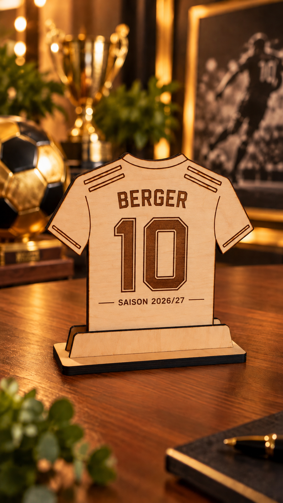 Personalisierte Trikot-Erinnerung aus Holz mit Name, Rückennummer und Saison auf der Rückseite