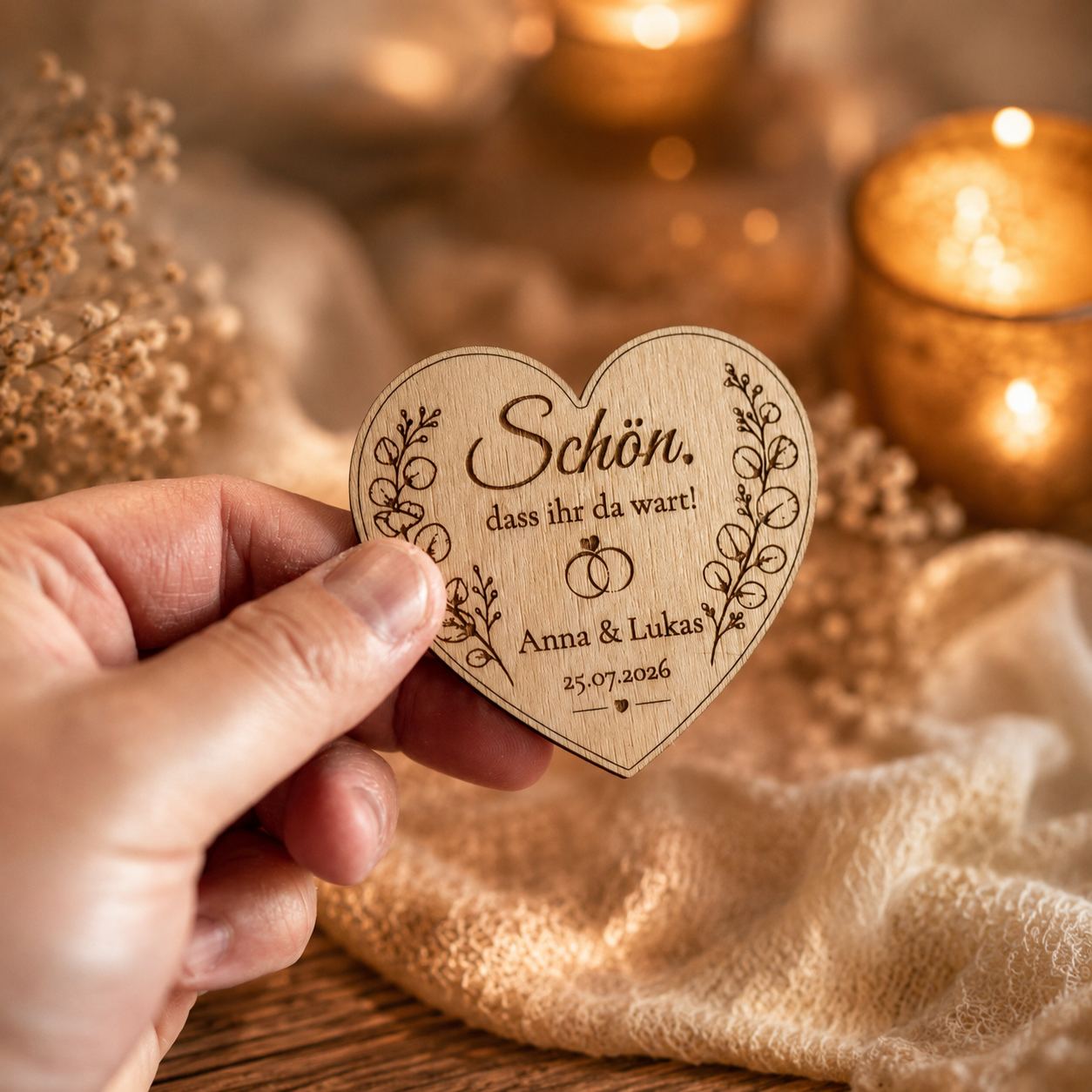 Personalized Wedding, Communion & Baptism Guest Gift – Wooden Heart Magnet with Premium Tea