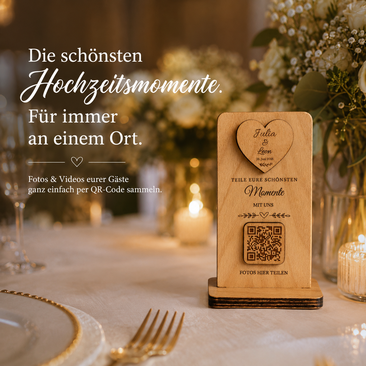 Premium QR Hochzeitsschild aus Holz – Personalisierter QR Code für Hochzeitsfotos & Videos