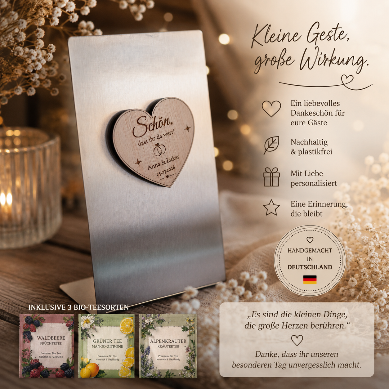 Personalized guest gift wedding, communion & baptism – Wooden heart magnet with premium tea