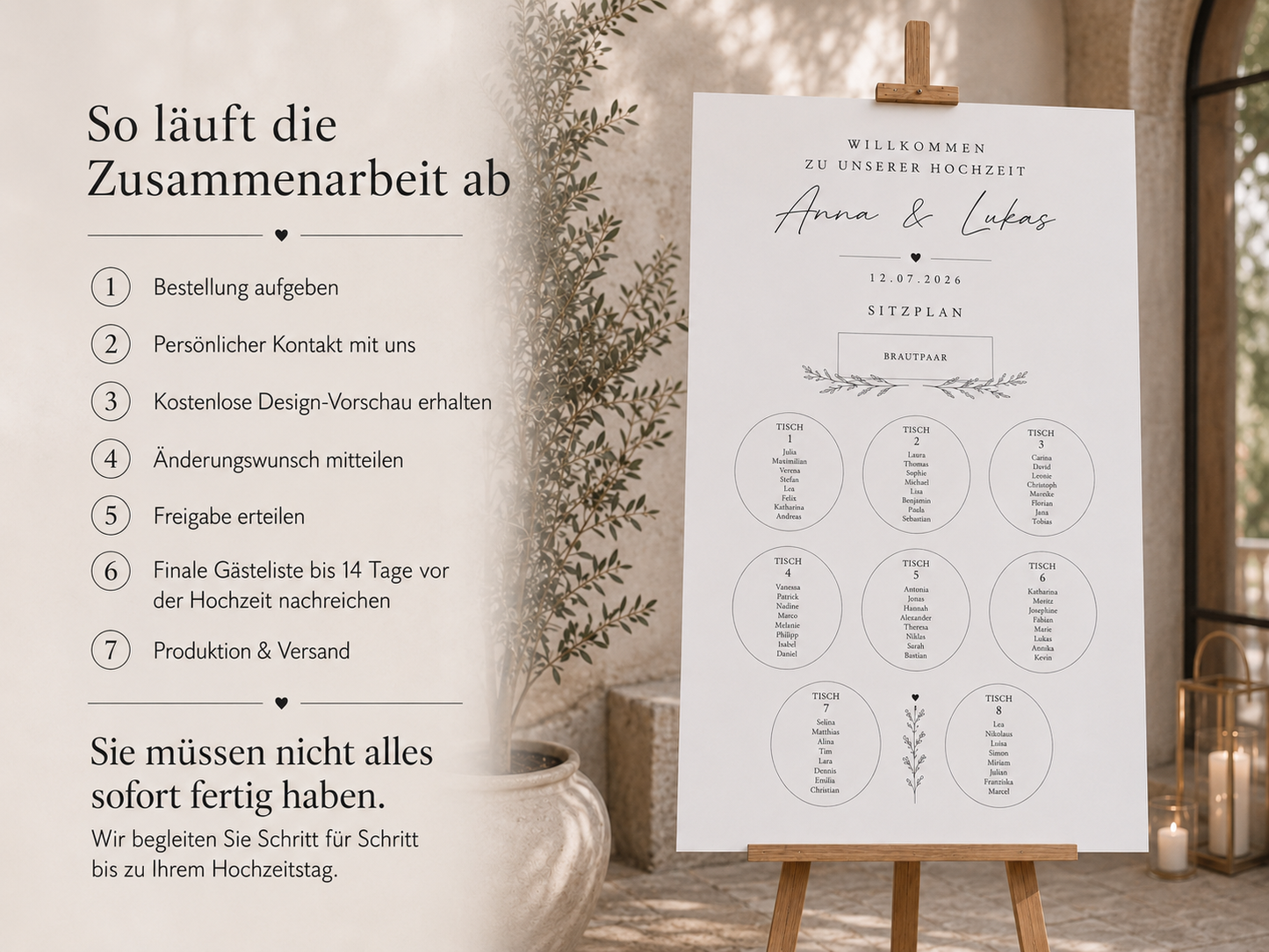 Premium Hochzeitsdeko Bundle Personalisiert | Willkommen Schild, Sitzplan, QR Galerie, Candy Bar & Tischnummern | Hochzeit Set Modern