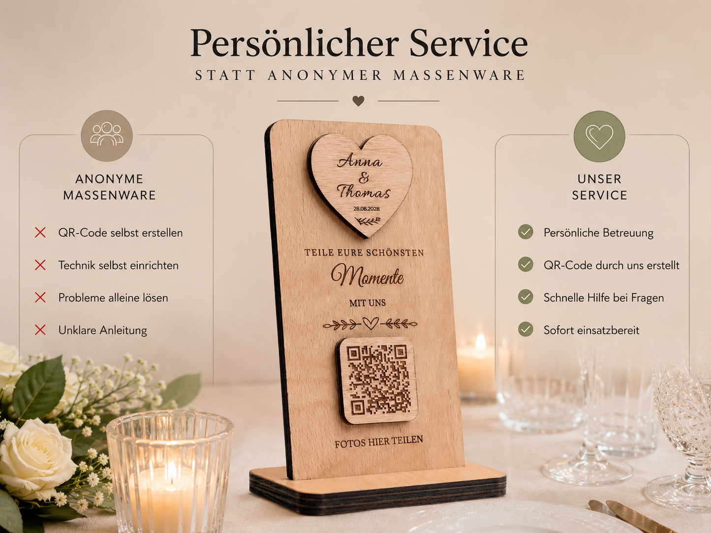 Premium QR Hochzeitsschild zur Miete – 5er Set | Personalisierte Holzschilder für Hochzeiten & Foto Upload