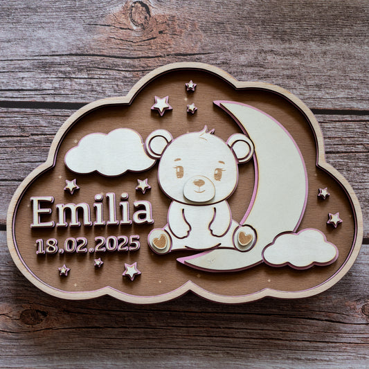 🌙 3D Namensschild aus Holz mit Gravur | Personalisiertes Kinderzimmer-Schild mit Namen & Geburtsdatum | Geschenk zur Geburt & Taufe | GraviCraft