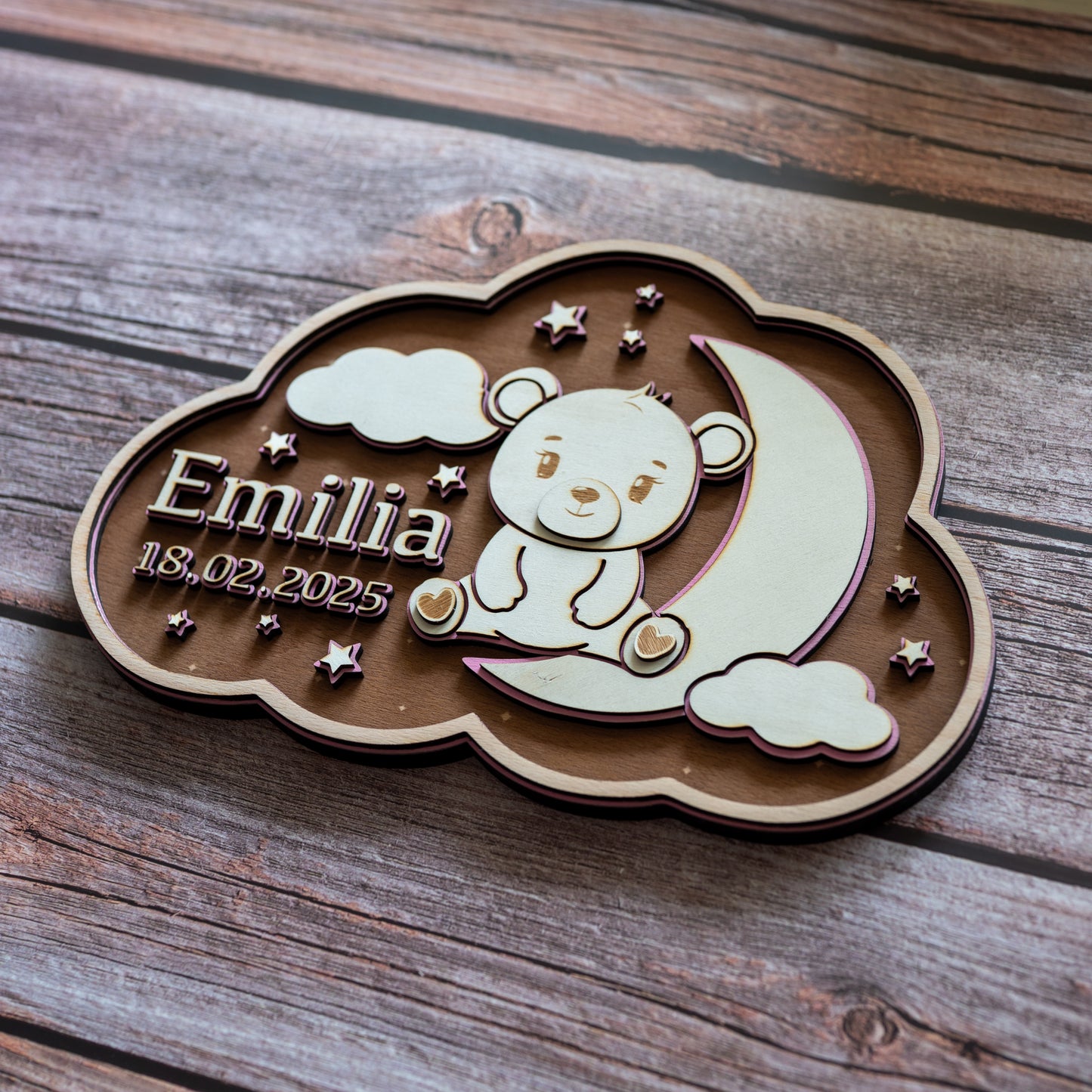 🌙 3D Namensschild aus Holz mit Gravur | Personalisiertes Kinderzimmer-Schild mit Namen & Geburtsdatum | Geschenk zur Geburt & Taufe | GraviCraft