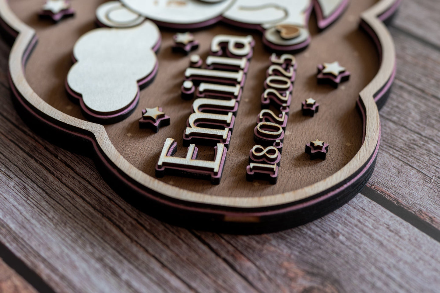 🌙 3D Namensschild aus Holz mit Gravur | Personalisiertes Kinderzimmer-Schild mit Namen & Geburtsdatum | Geschenk zur Geburt & Taufe | GraviCraft