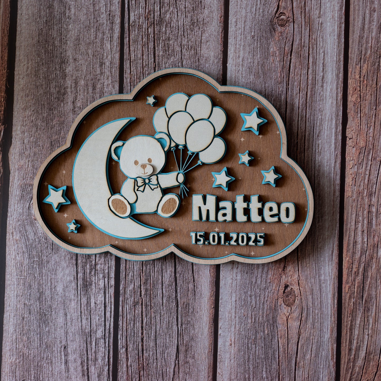 🌙 3D Namensschild aus Holz mit Gravur | Personalisiertes Kinderzimmer-Schild mit Namen & Geburtsdatum | Geschenk zur Geburt & Taufe | GraviCraft