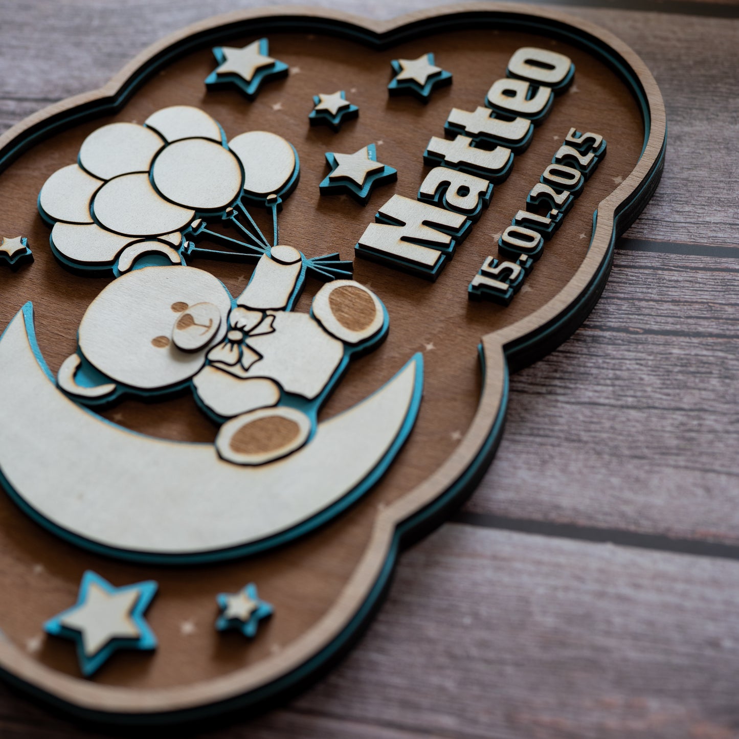 🌙 3D Namensschild aus Holz mit Gravur | Personalisiertes Kinderzimmer-Schild mit Namen & Geburtsdatum | Geschenk zur Geburt & Taufe | GraviCraft