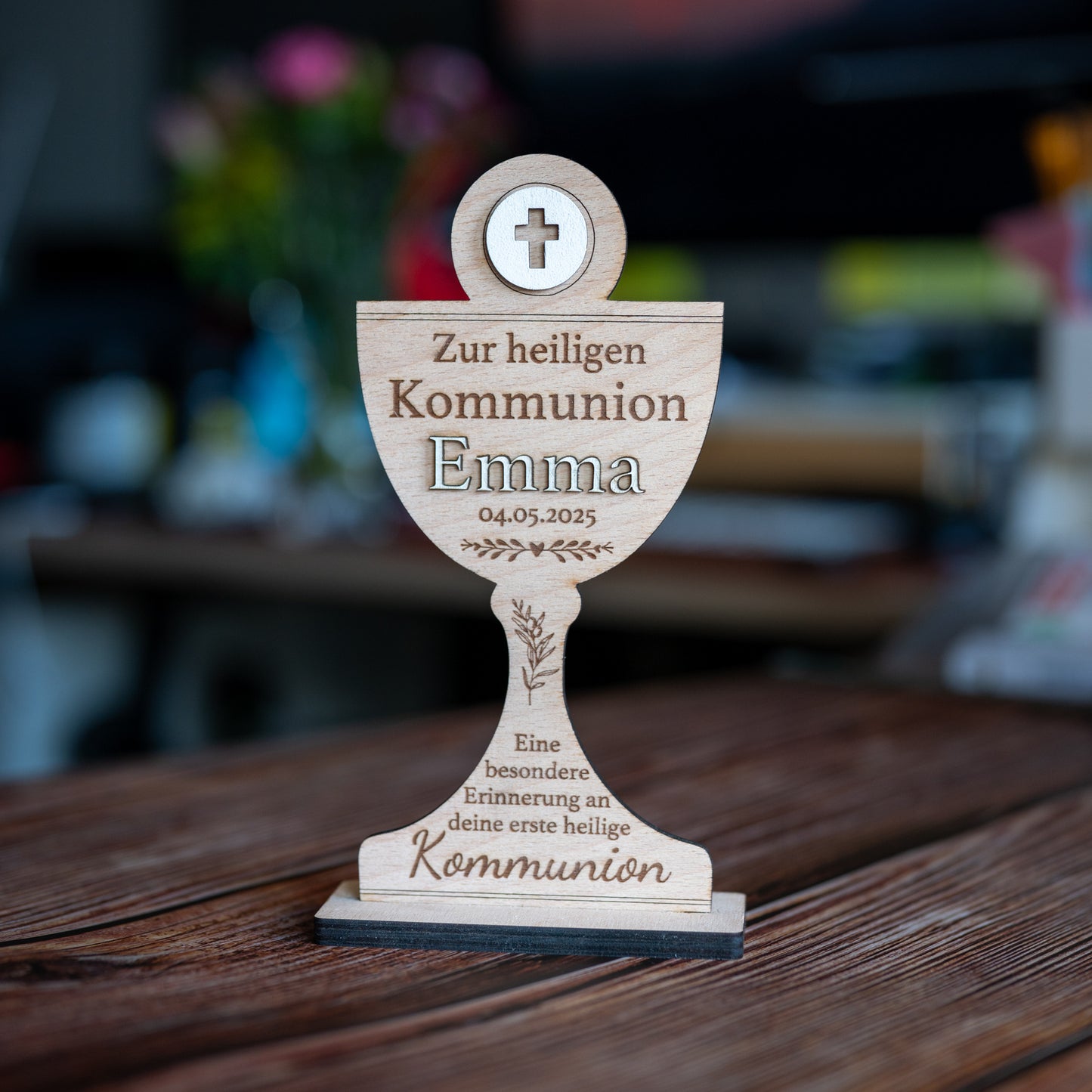 ✨ Personalisiertes Kommunion Geschenk aus Holz | Kelch mit Name & Datum | Tischdeko & Erinnerung Kommunionkind | GraviCraft Handmade