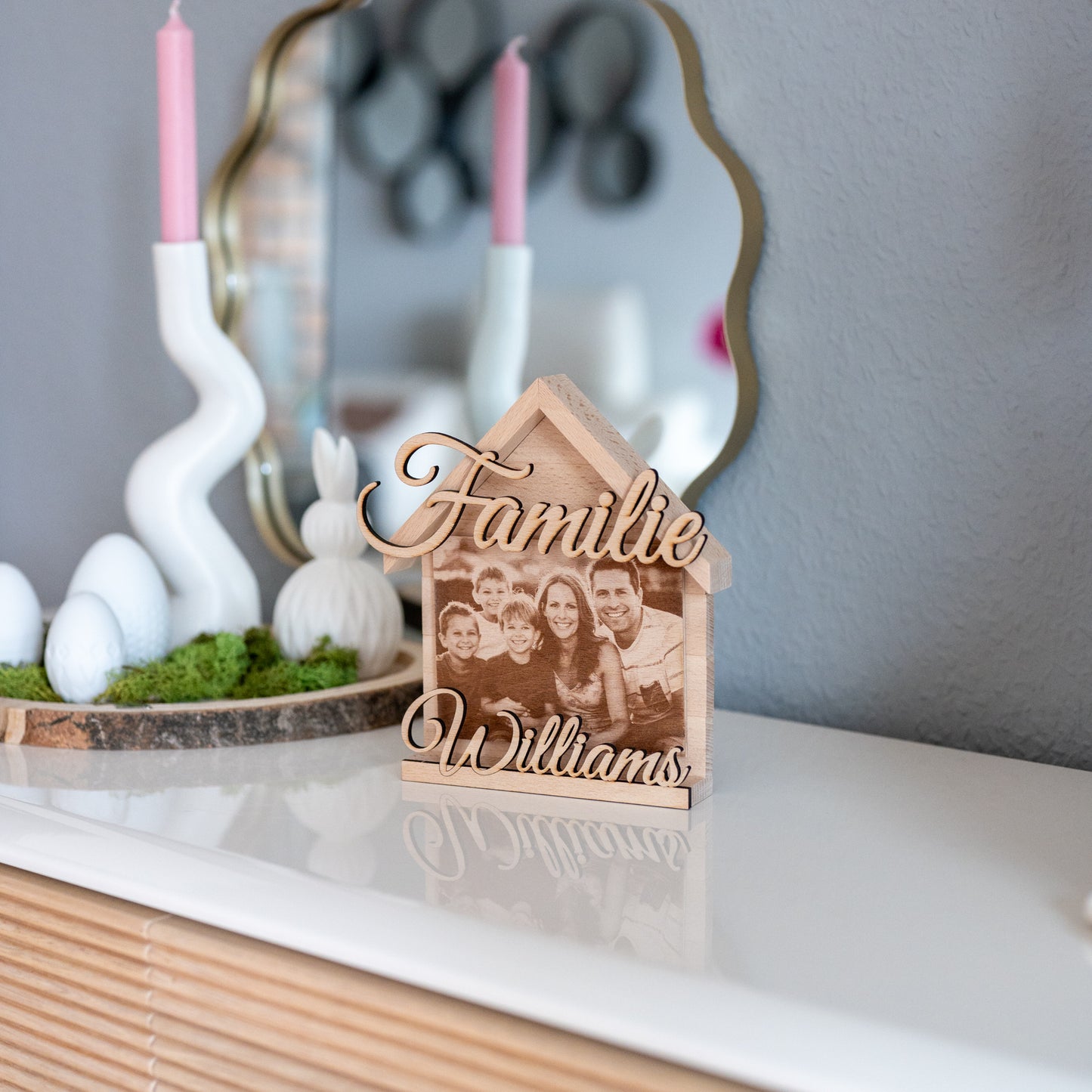 GraviCraft Familienfoto aus Holz – Personalisiertes Geschenk mit Gravur & Namen | Holzbild mit Foto