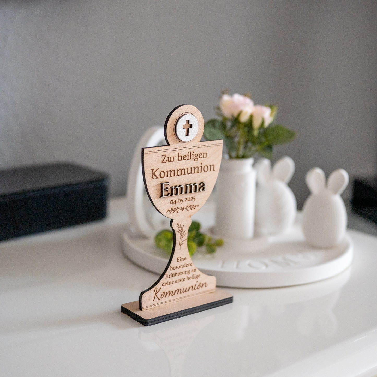 ✨ Personalisiertes Kommunion Geschenk aus Holz | Kelch mit Name & Datum | Tischdeko & Erinnerung Kommunionkind | GraviCraft Handmade