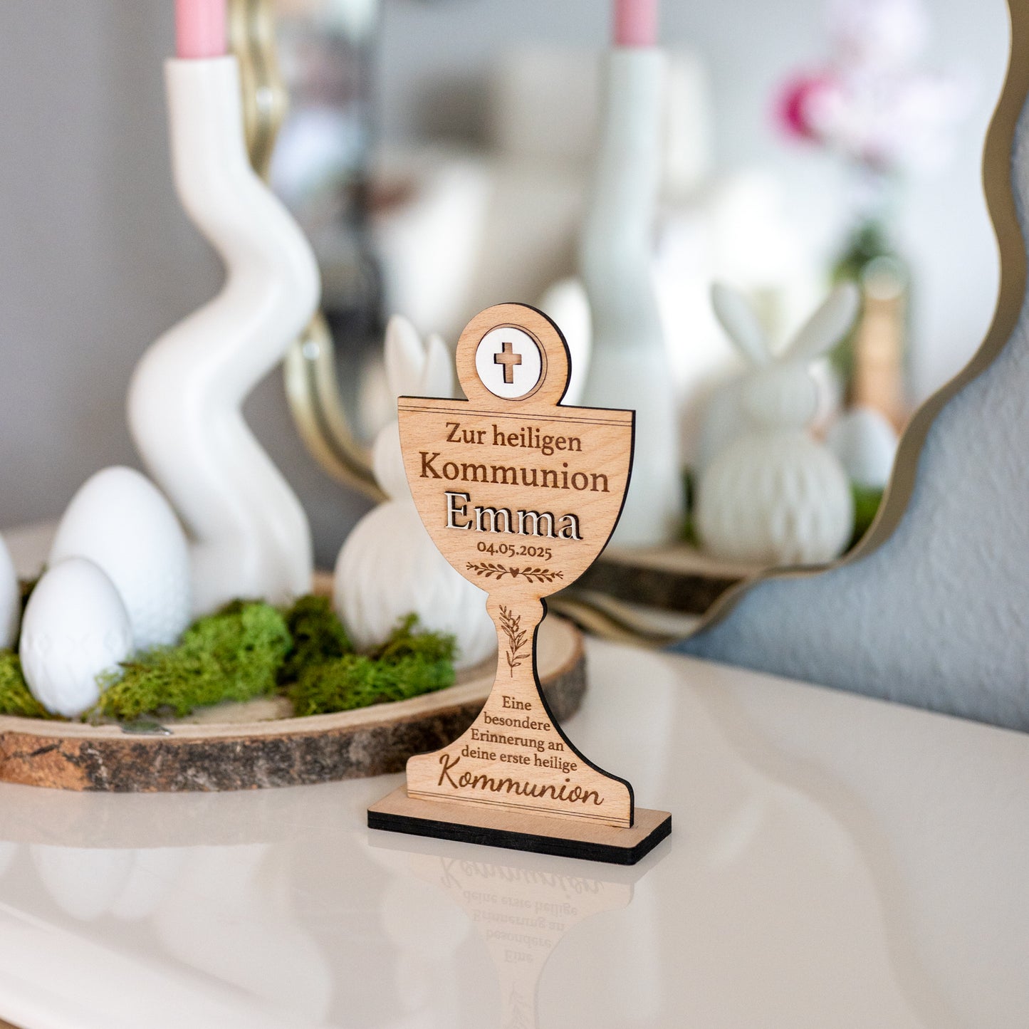 ✨ Personalisiertes Kommunion Geschenk aus Holz | Kelch mit Name & Datum | Tischdeko & Erinnerung Kommunionkind | GraviCraft Handmade