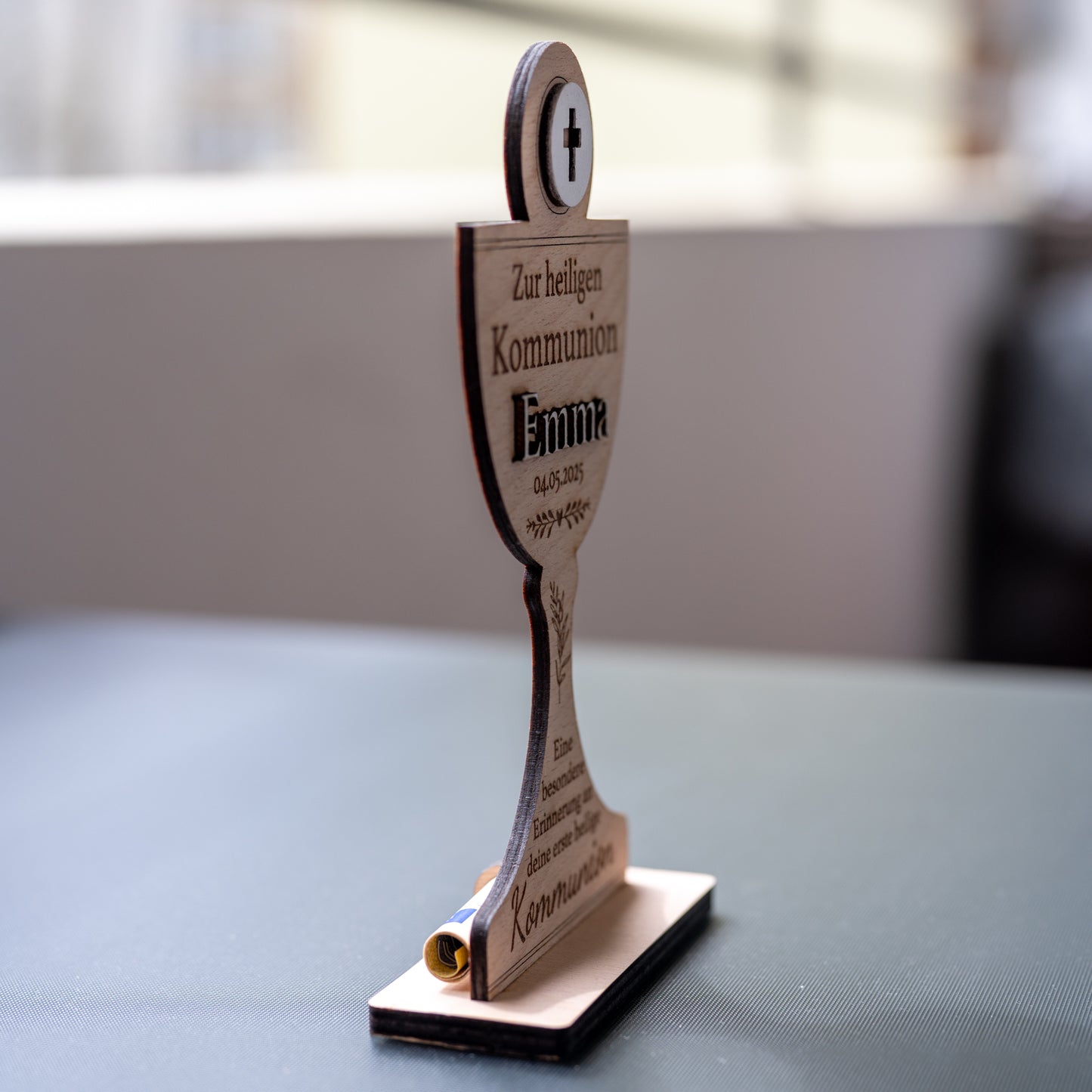 ✨ Personalisiertes Kommunion Geschenk aus Holz | Kelch mit Name & Datum | Tischdeko & Erinnerung Kommunionkind | GraviCraft Handmade