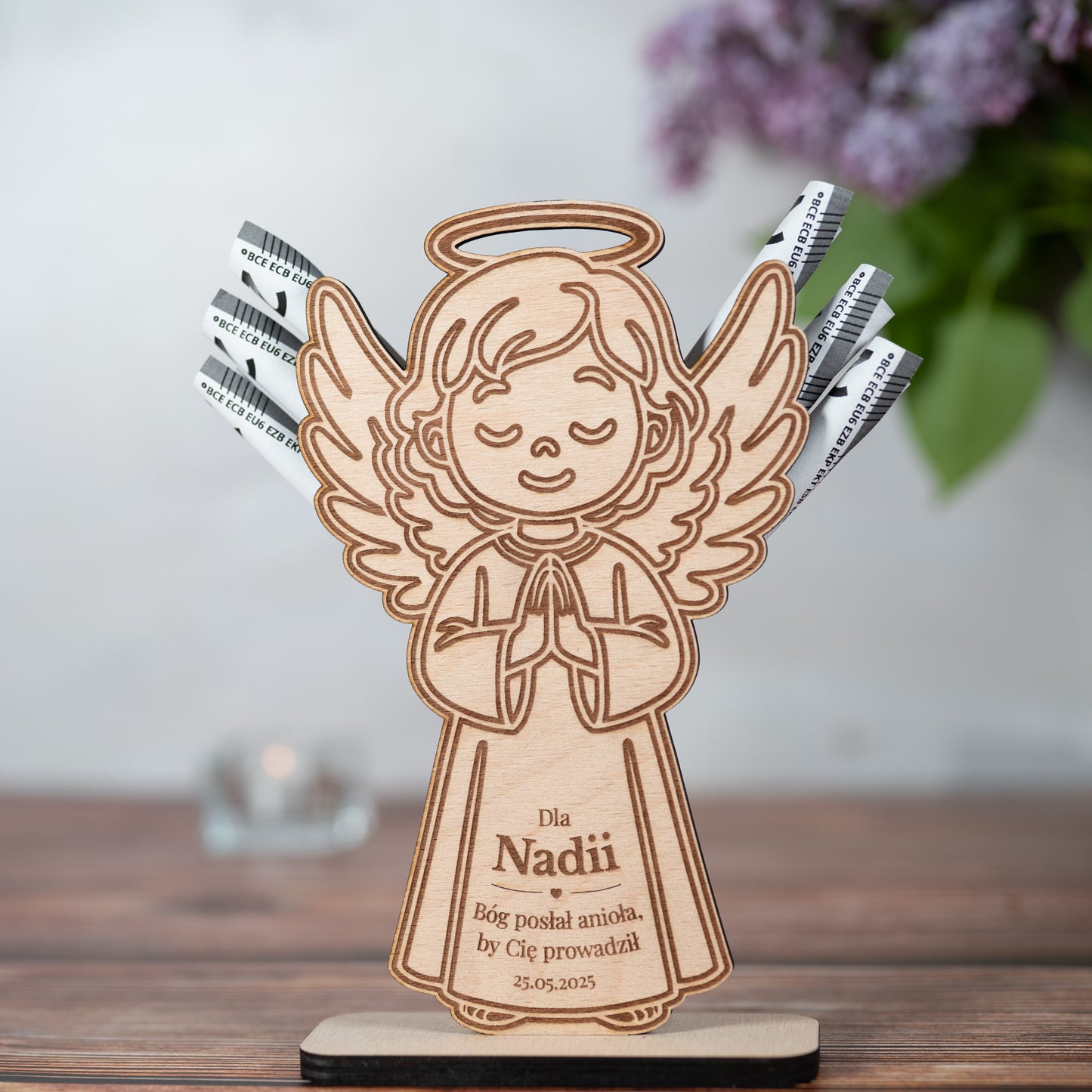 🕊️ Personalized Wooden Angel with Engraving – Gift for Communion, Baptism or Confirmation | Money Gift &amp; Personal Message | Handmade from Wood