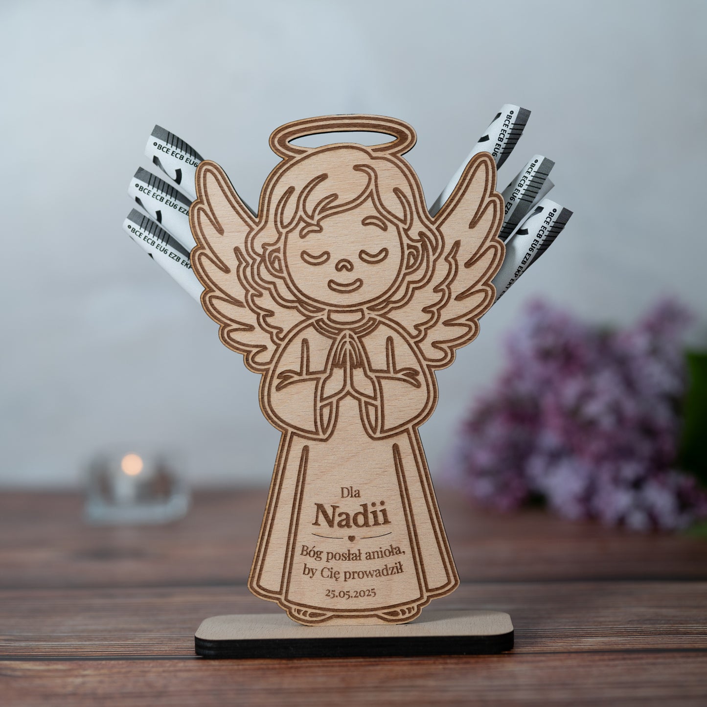 🕊️ Personalized Wooden Angel with Engraving – Gift for Communion, Baptism or Confirmation | Money Gift &amp; Personal Message | Handmade from Wood