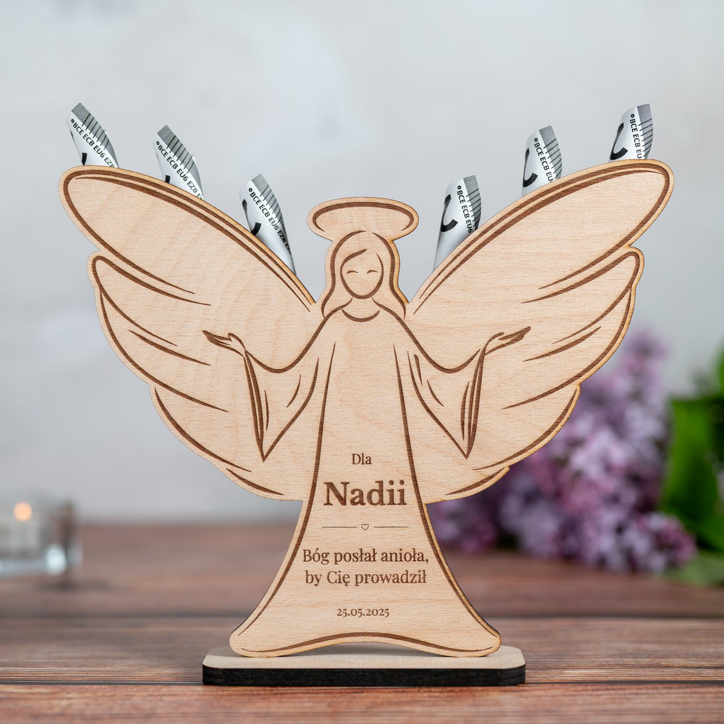 🕊️ Personalized Wooden Angel with Engraving – Gift for Communion, Baptism or Confirmation | Money Gift &amp; Personal Message | Handmade from Wood