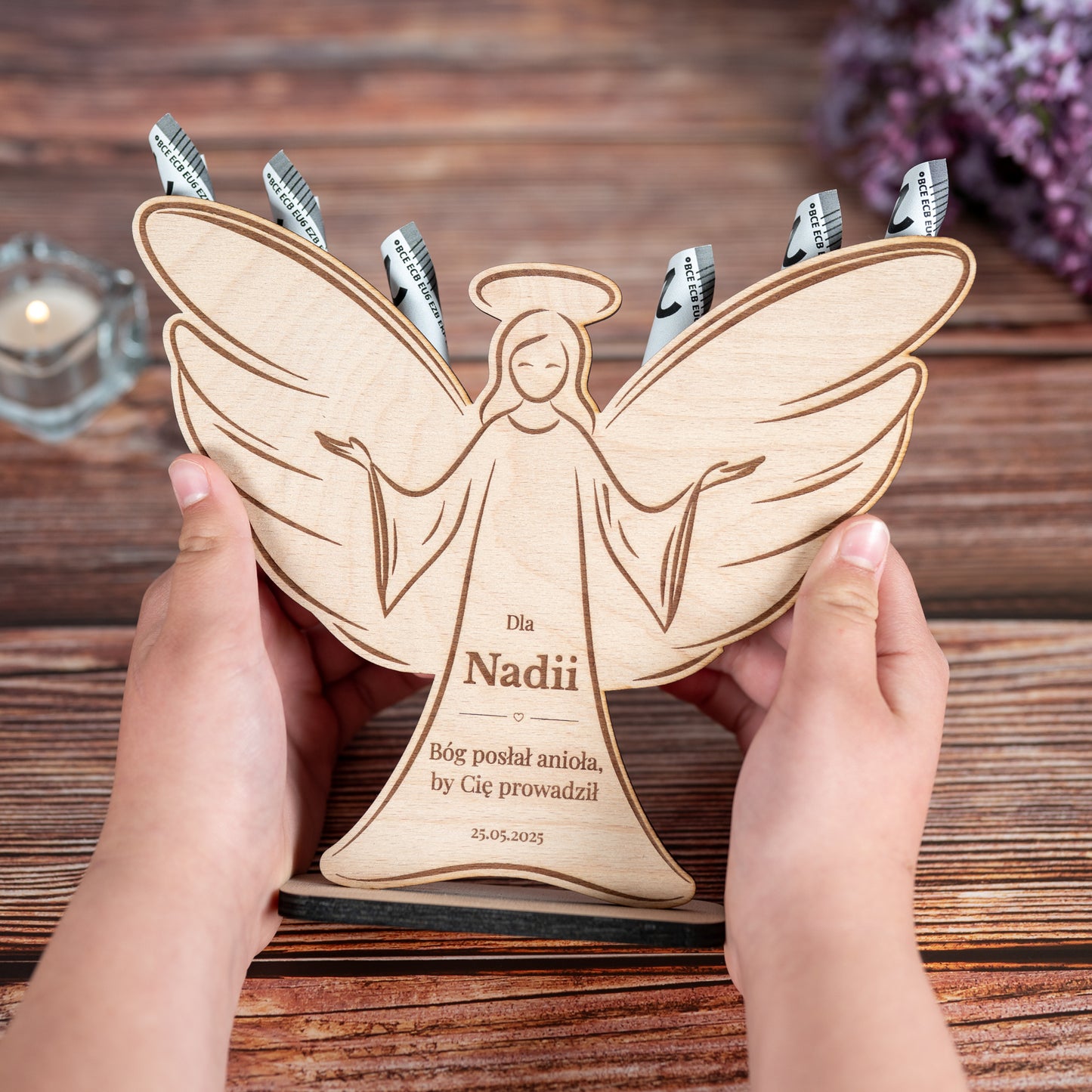 🕊️ Personalized Wooden Angel with Engraving – Gift for Communion, Baptism or Confirmation | Money Gift &amp; Personal Message | Handmade from Wood