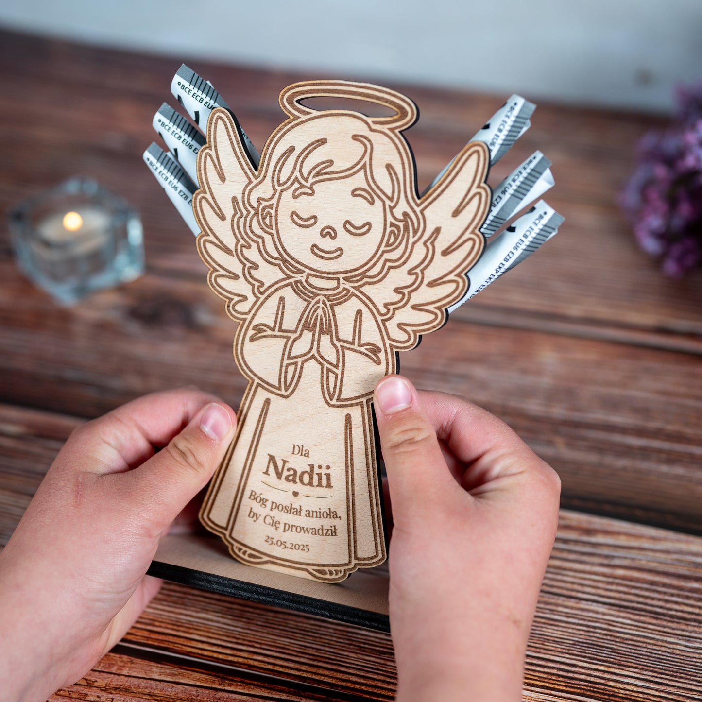 🕊️ Personalized Wooden Angel with Engraving – Gift for Communion, Baptism or Confirmation | Money Gift &amp; Personal Message | Handmade from Wood