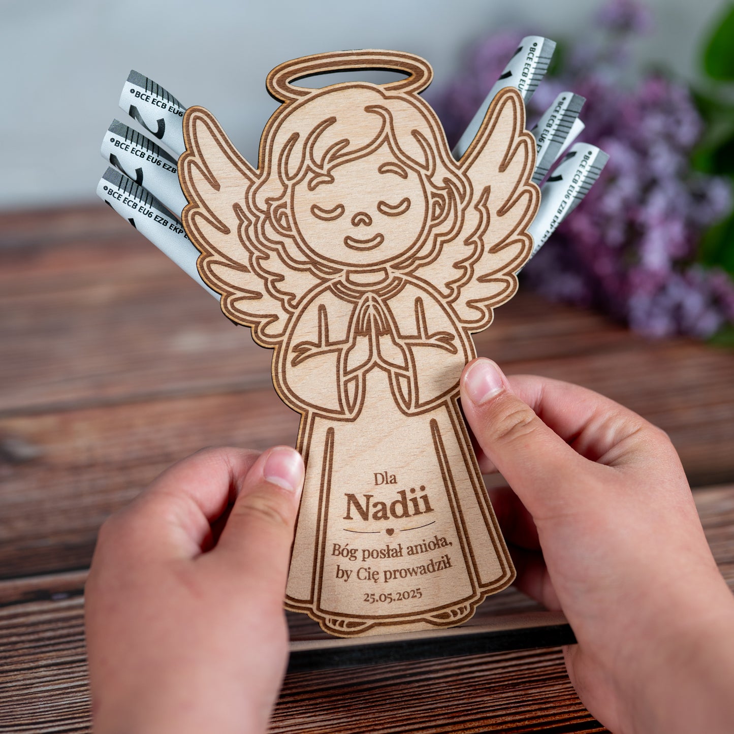 🕊️ Personalized Wooden Angel with Engraving – Gift for Communion, Baptism or Confirmation | Money Gift &amp; Personal Message | Handmade from Wood