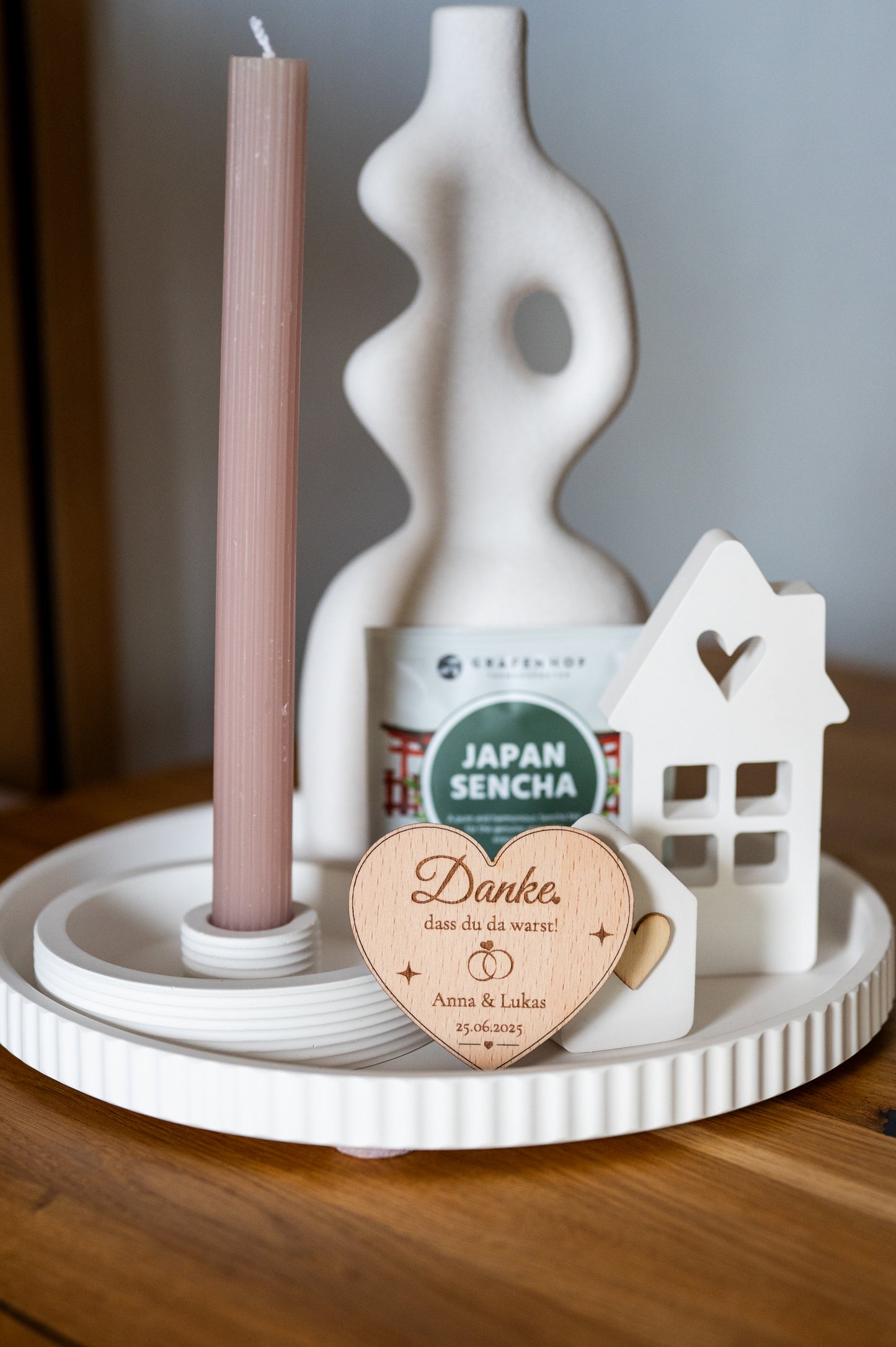 💝 Hochzeitsmagnet aus Holz mit Gravur & Bio-Tee | Personalisiertes Gastgeschenk – Herz, Kreis oder Schmetterling | GraviCraft Handmade