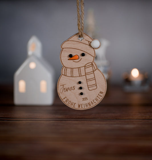 Personalisierter Weihnachtsanhänger „Schneemann“ aus Holz & 3D-Druck – Mit Name – Weihnachten 2025