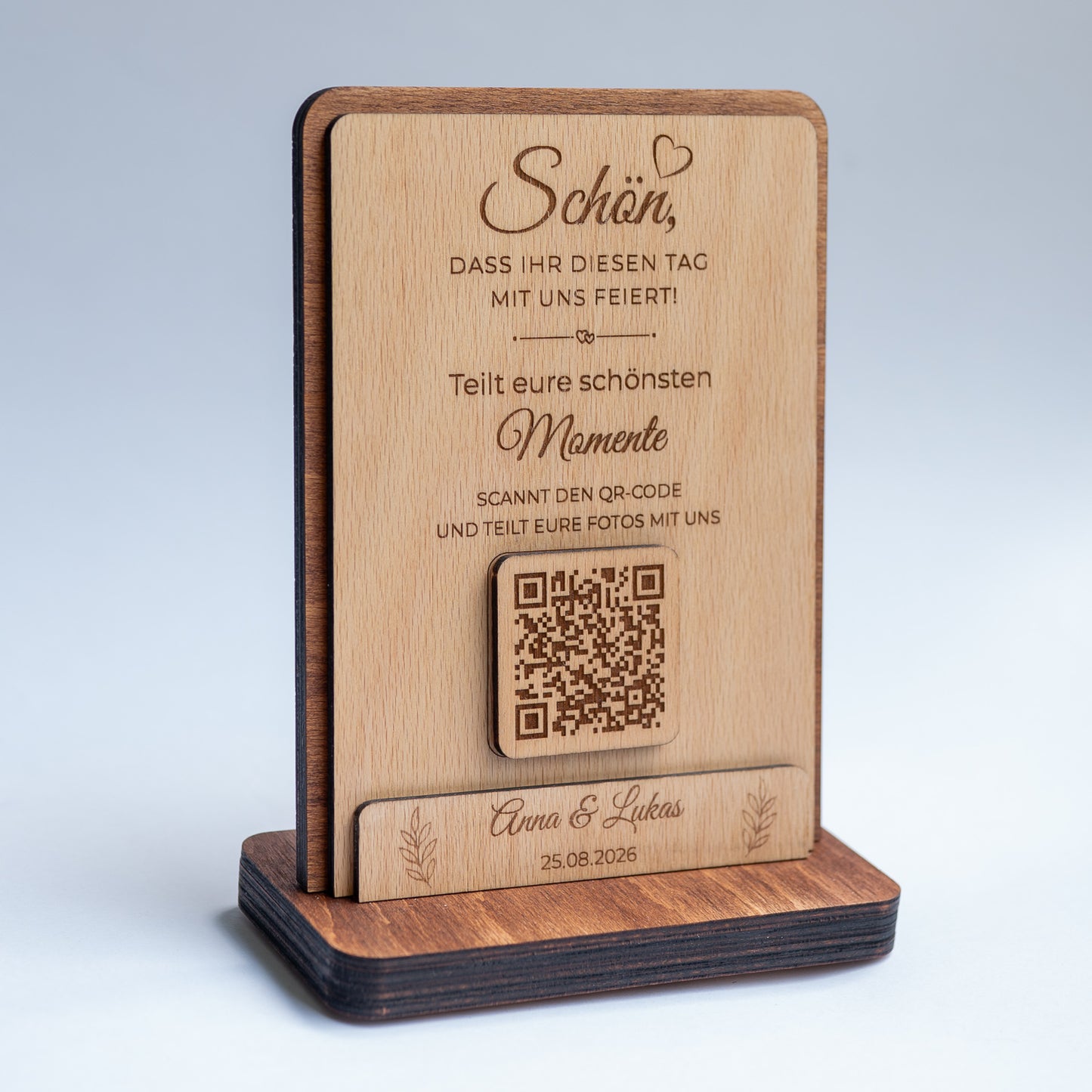 Personalized QR code wedding sign made of wood – Collect shared memories in style
