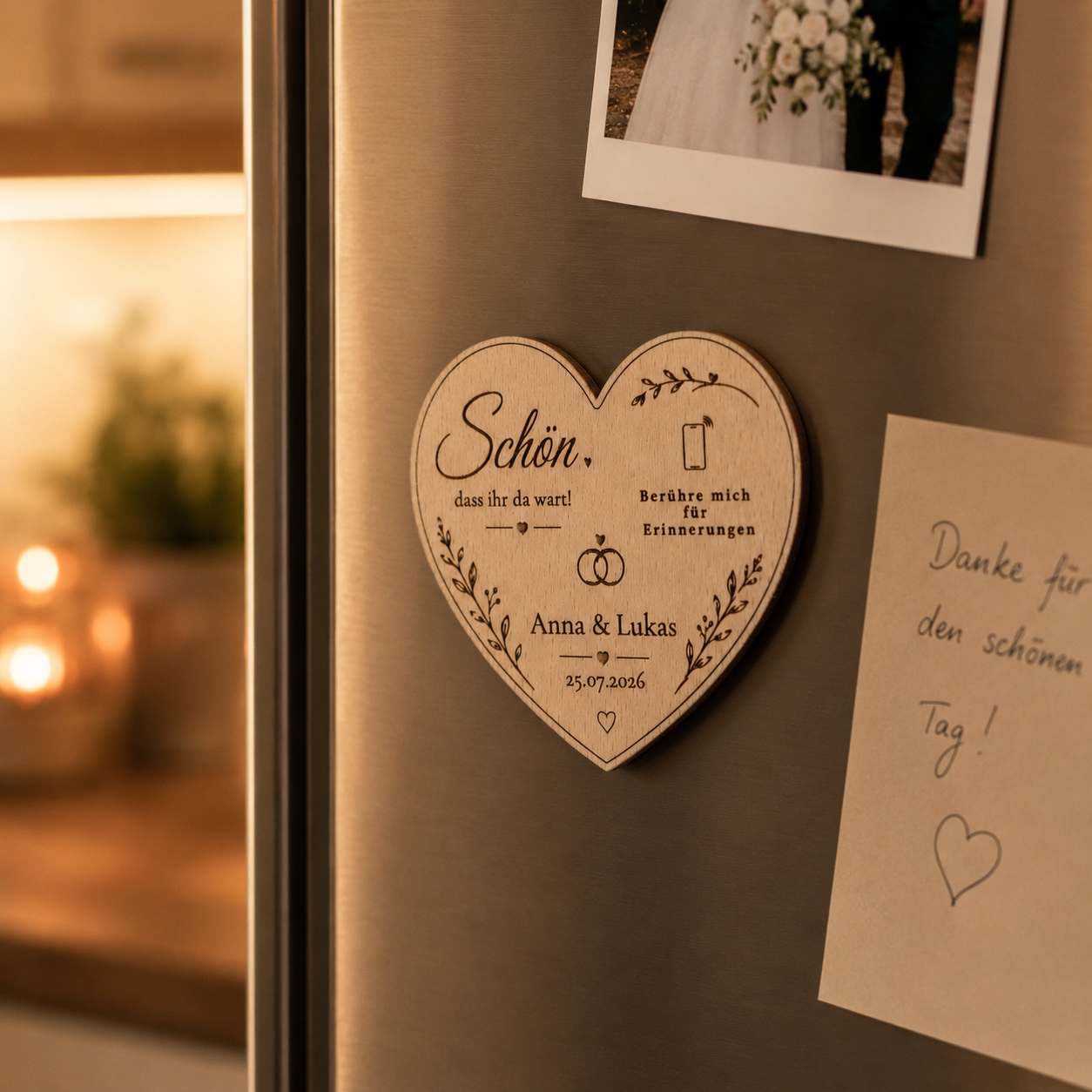 Personalisierter Hochzeitsmagnet mit NFC aus Holz – Premium Gastgeschenk mit digitaler Hochzeitsgalerie | Optional mit Dallmayr Tee & Organza-Beutel