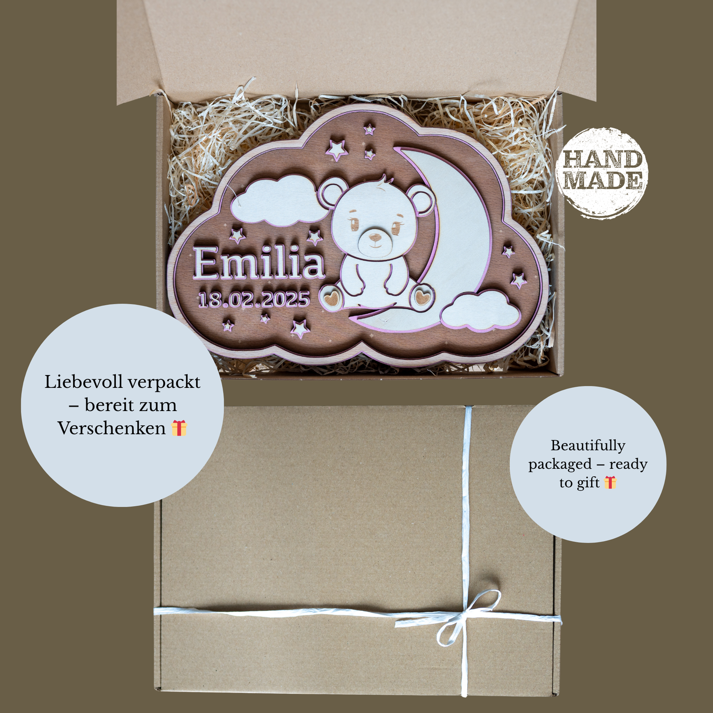 🌙 3D Namensschild aus Holz mit Gravur | Personalisiertes Kinderzimmer-Schild mit Namen & Geburtsdatum | Geschenk zur Geburt & Taufe | GraviCraft