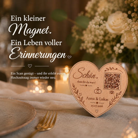 Personalisierter Hochzeitsmagnet mit QR-Code aus Holz – Personalisiertes Gastgeschenk mit Fotogalerie | Optional mit Dallmayr Tee & Organza-Beutel