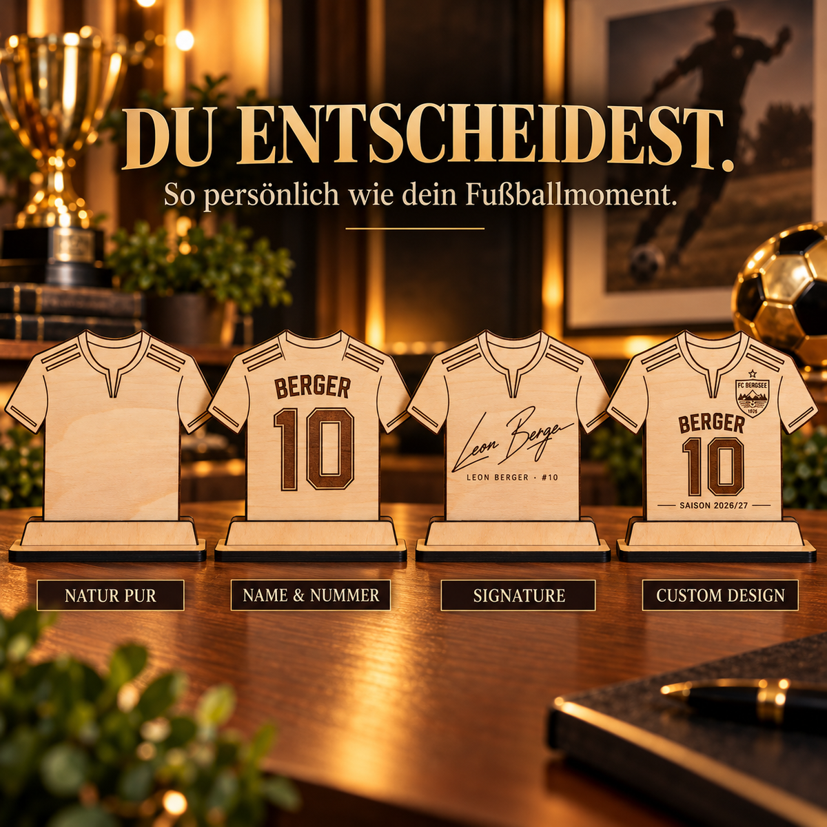 Vier Varianten der personalisierten Trikot-Erinnerung aus Holz: Natur Pur, Name und Nummer, Signature und Custom Design