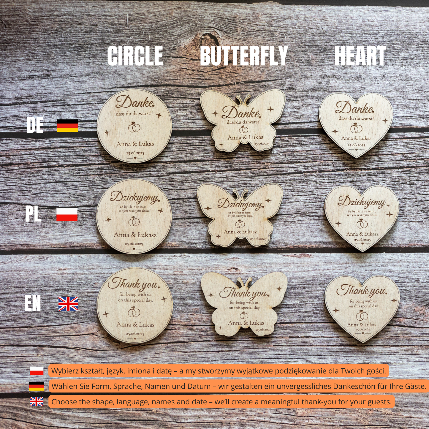 💝 Hochzeitsmagnet aus Holz mit Gravur & Bio-Tee | Personalisiertes Gastgeschenk – Herz, Kreis oder Schmetterling | GraviCraft Handmade