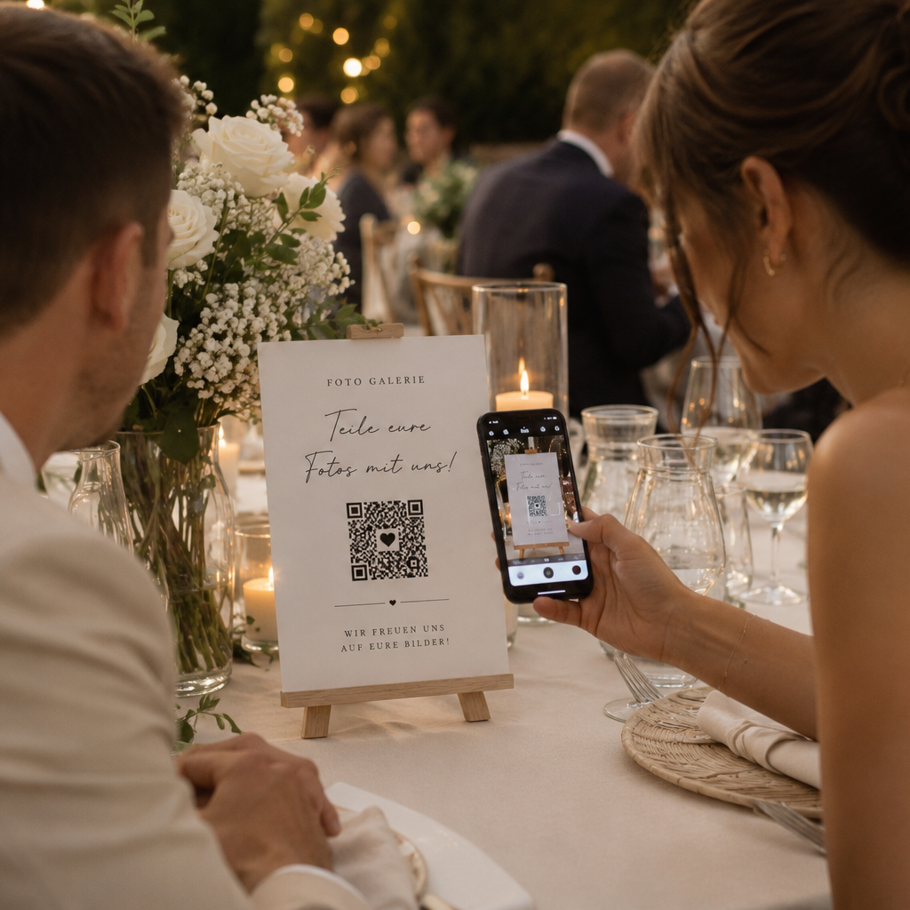 QR Code Hochzeitsschild personalisiert – Foto Galerie für eure Hochzeit