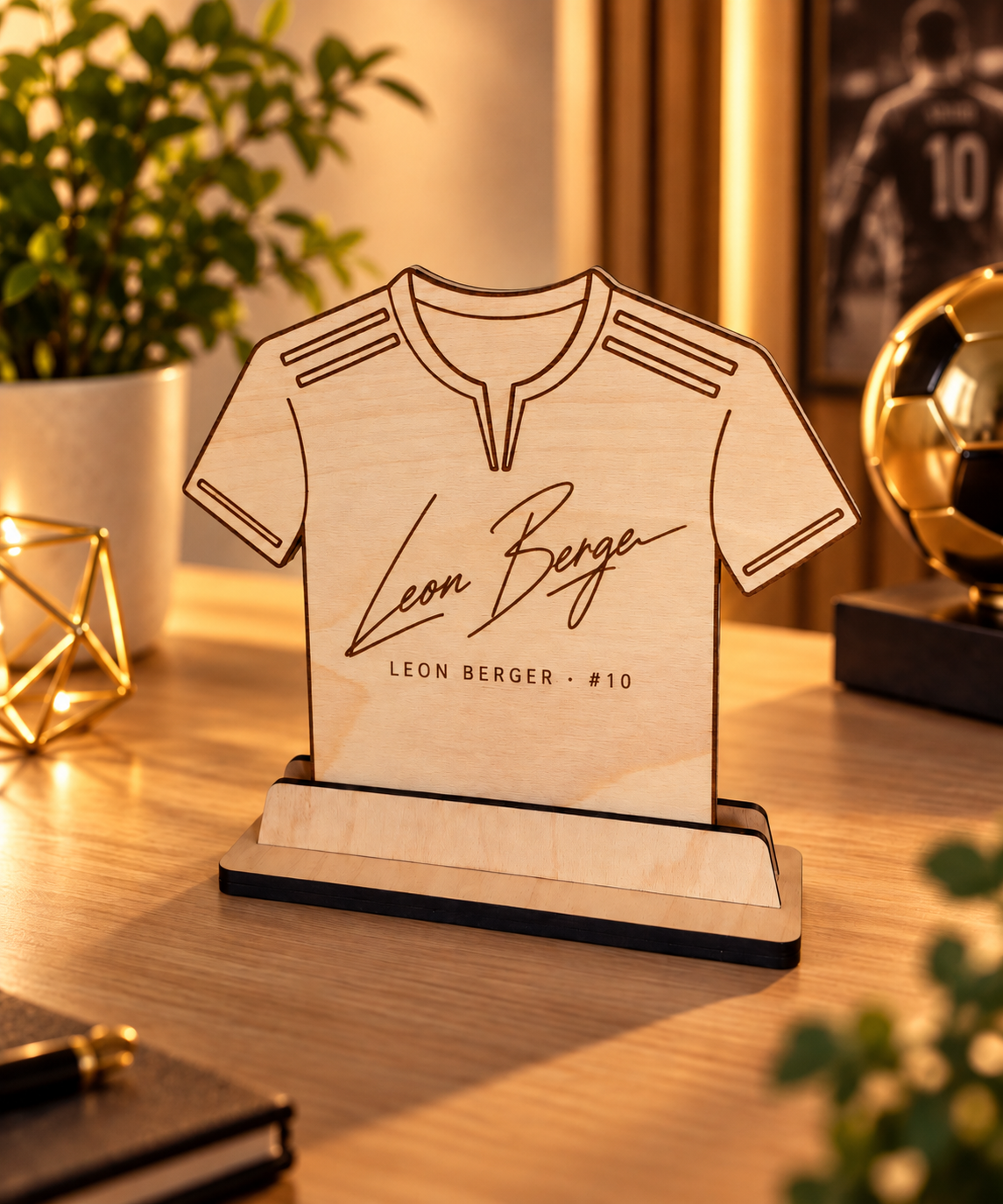 Personalisierte Trikot-Erinnerung aus Holz mit gravierter Unterschrift und Holzständer